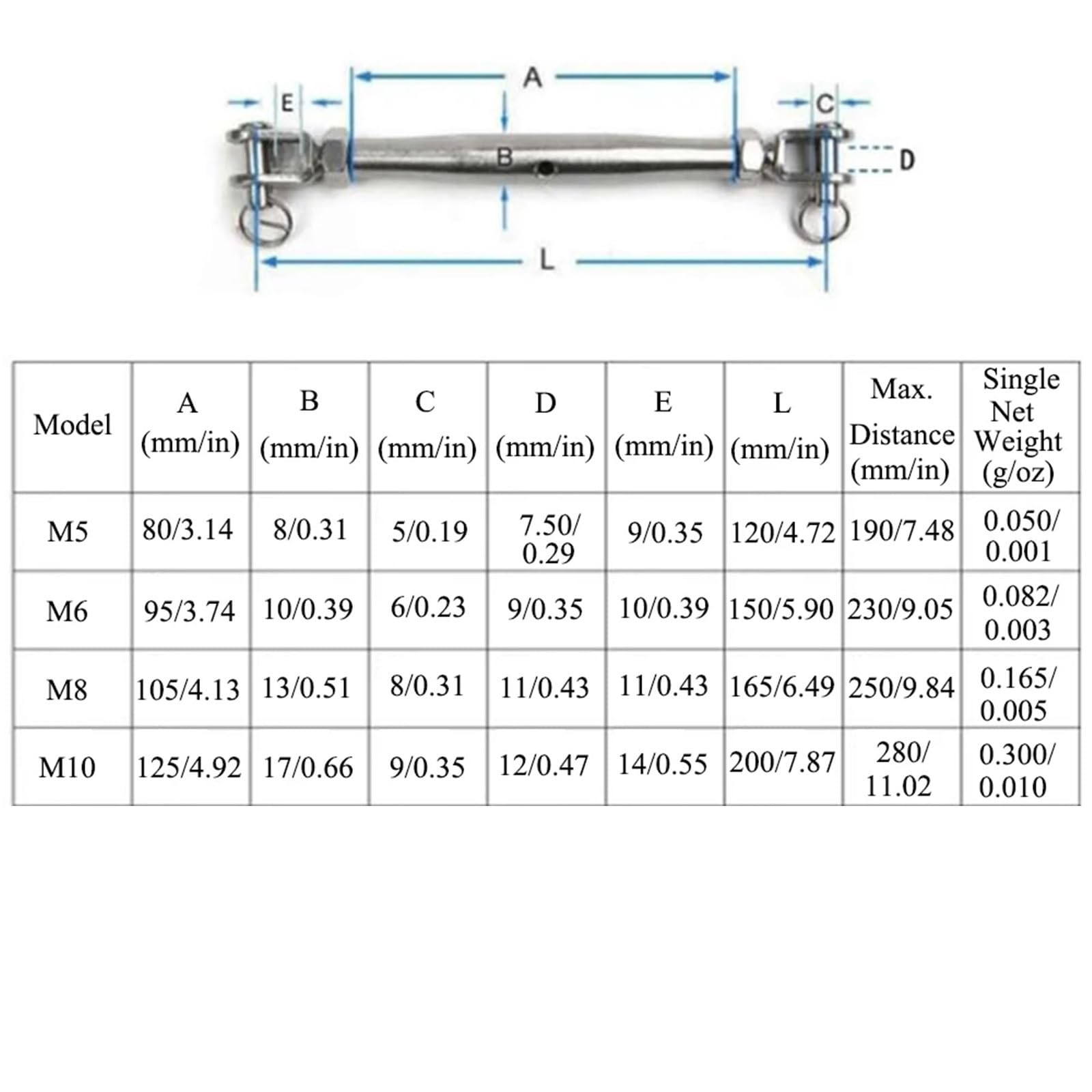 8 pz Tenditore In Acciaio Inox 304 M5/M6/M8/M10 for Cavo Marino Ringhiera Corpo Barca A Vela Rigging Hardware per Recinzioni e Supportos Piantes(M5)