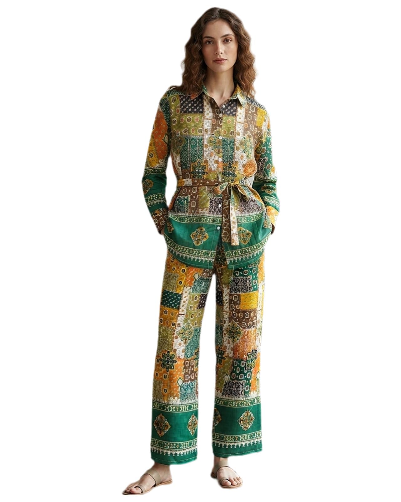 Women's Printed Patchwork Full Sleeves Shirt and Straight Trouser Co-ord Set with Fabric Belt-picture-10