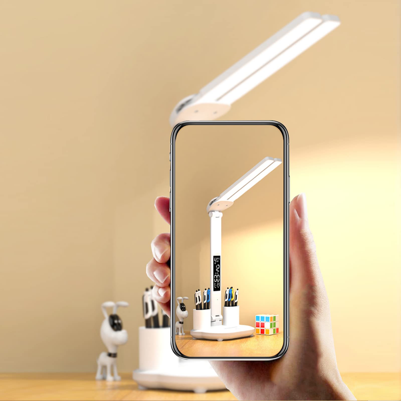 Lampe de Bureau Sans Fil à LED pour Enfant avec Heure Calendrier Température 2 Porte Stylo, 7W Double Tête Desk Lamp Dimmable 3 Modes de Couleur, Contrôle Tactile Protection des Yeux, Blanche