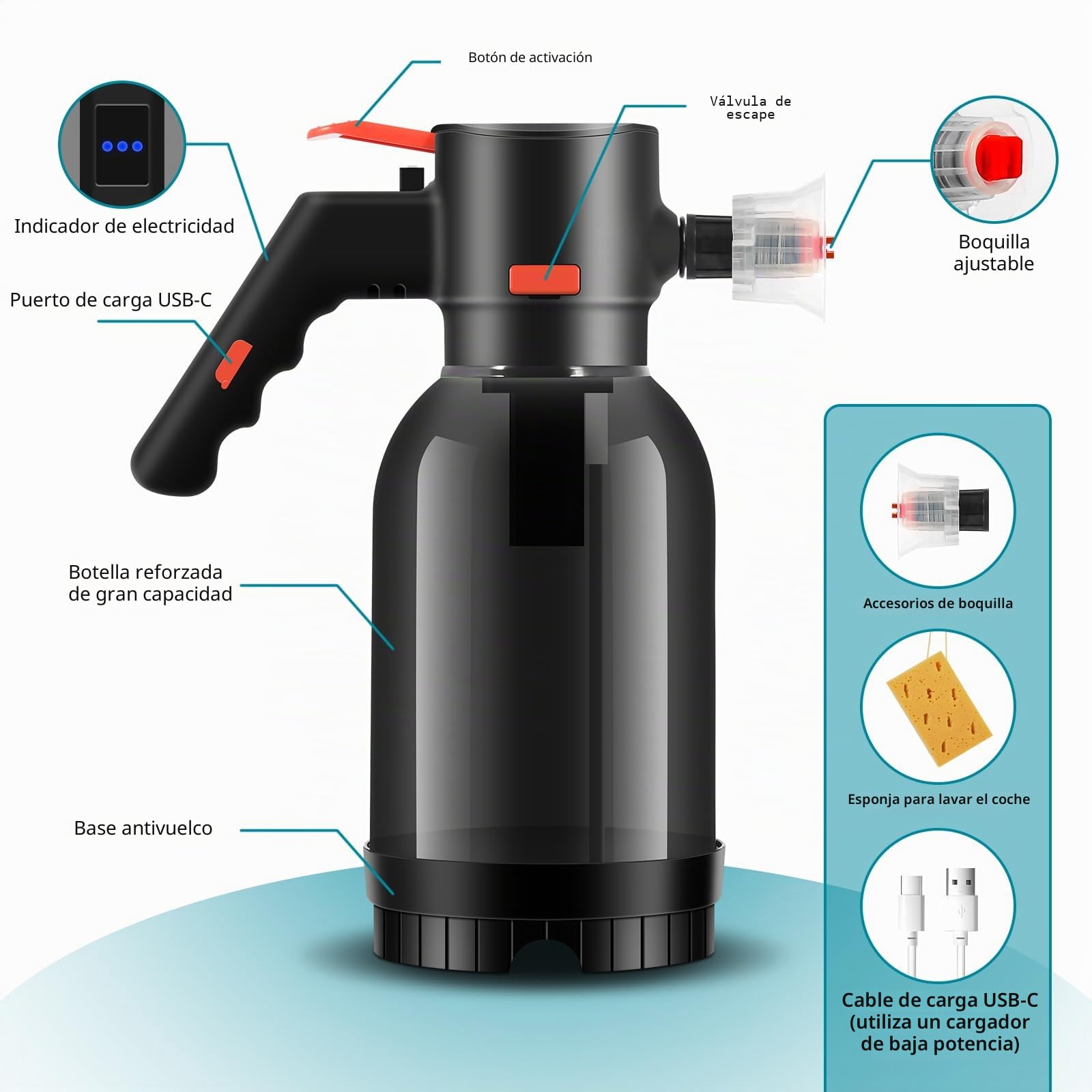 Pulverizador Eléctrico de Espuma 2L, Uten Pulverizador a Presión Inalámbrico Recargable para Lavado de Coches, Jardín y Hogar con Espuma Potente