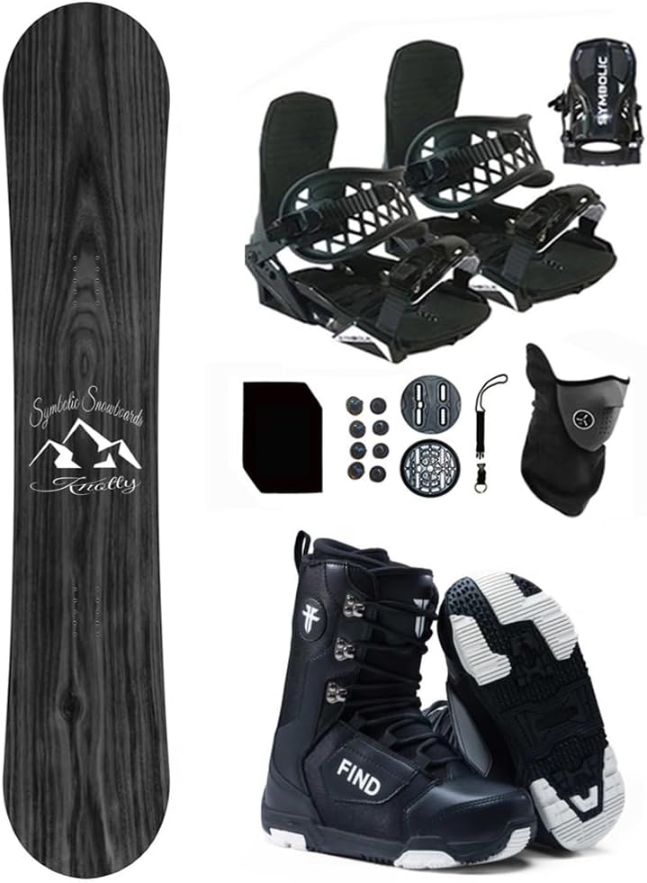 Symbolic Knotty - Paquete de tablas de snowboard, fijaciones y botas 2024, discos, tornillos, correa, muñón, máscara, con calcomanía Burton para