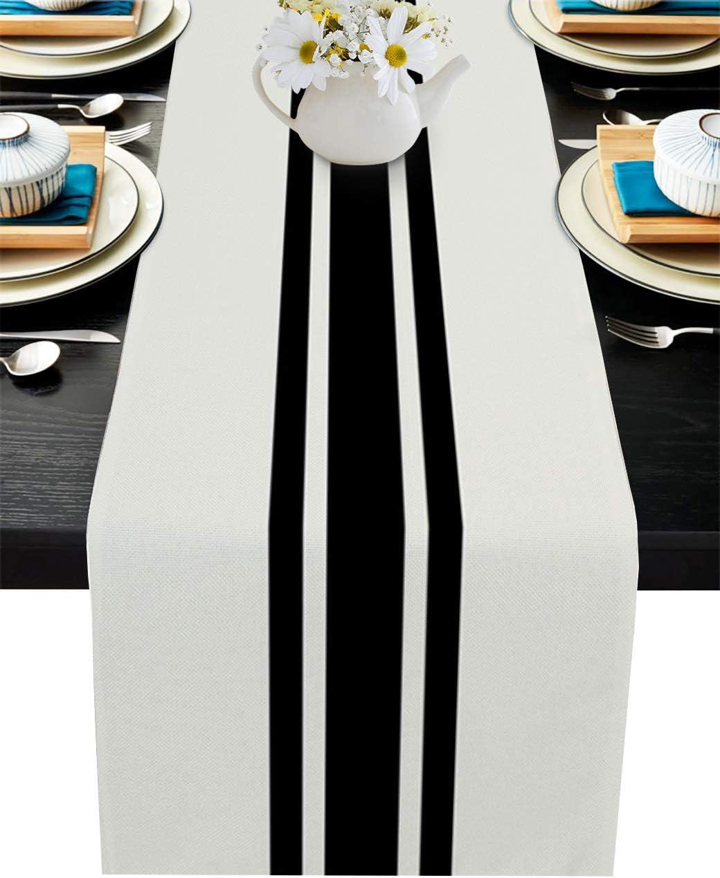 Cotton Linen Table Runner Farmhouse Black and White Stripes