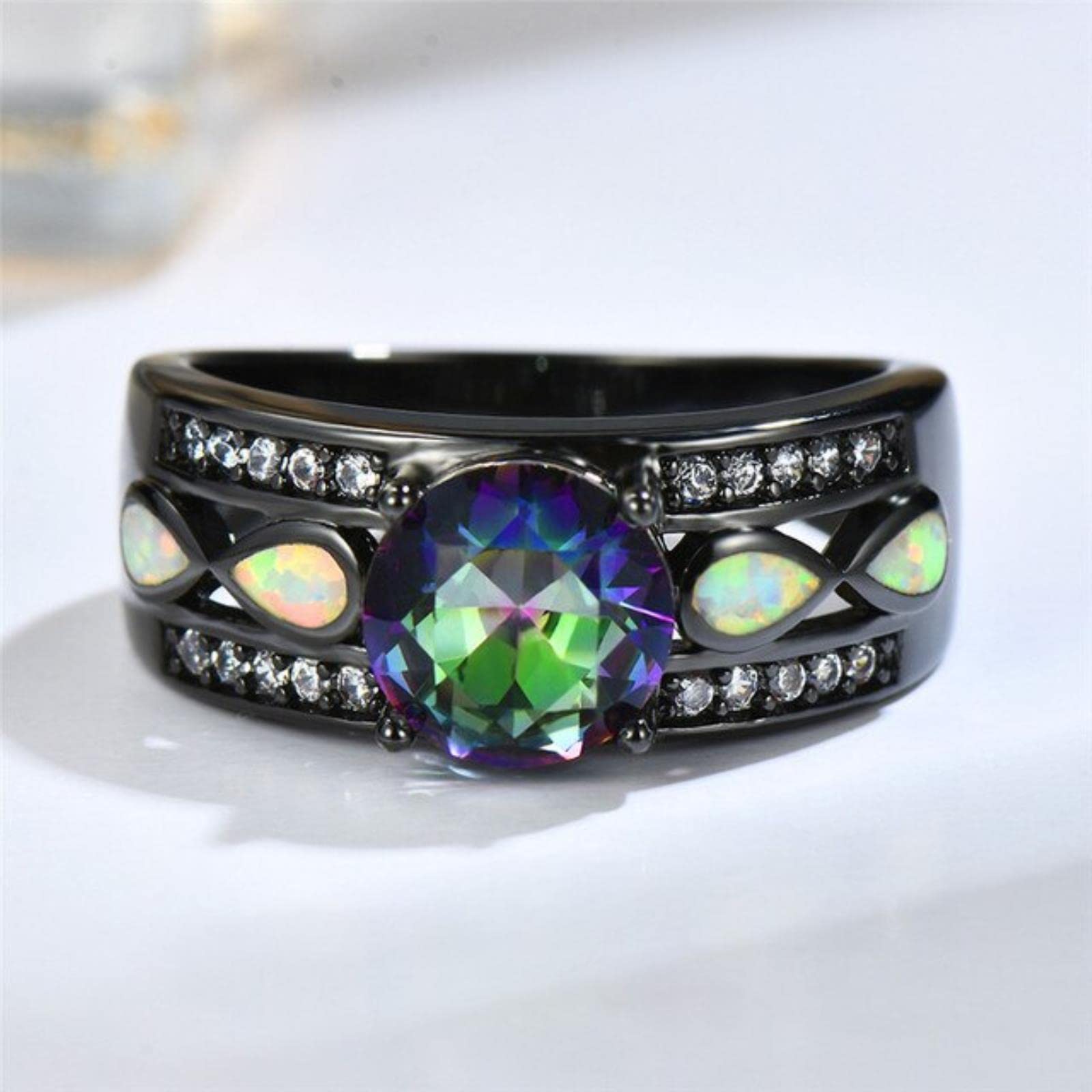 Bioliving Women's White Rainbow Boho Big Purple Rainbow Stone Ring Vintage Black Gold Wedding Rings Promise White Blue Opal Engagement Rings For