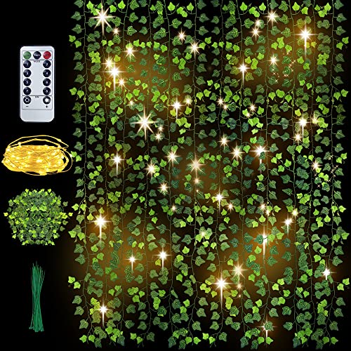28.8M Efeu Künstlich Hängend Girlande mit 2 Farben der Blätter &100 LED-Licht & Fernbedienung, 12pcs Efeugirlande Künstlich mit Nylon Kabelbinder, Pflanzen Efeuranke für Garten, Party Wanddekoration Cover