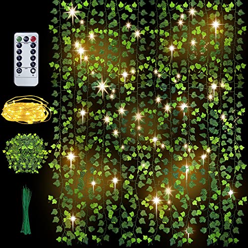 28.8M Plantas Hiedra Artificial Colgante con 100 LED, 12pcs Guirnalda Hiedra Artificial Enredadera Artificial Eucalipto Guirnalda Planta para Decoración Habitaciones, Bodas, Jardines, Oficinas