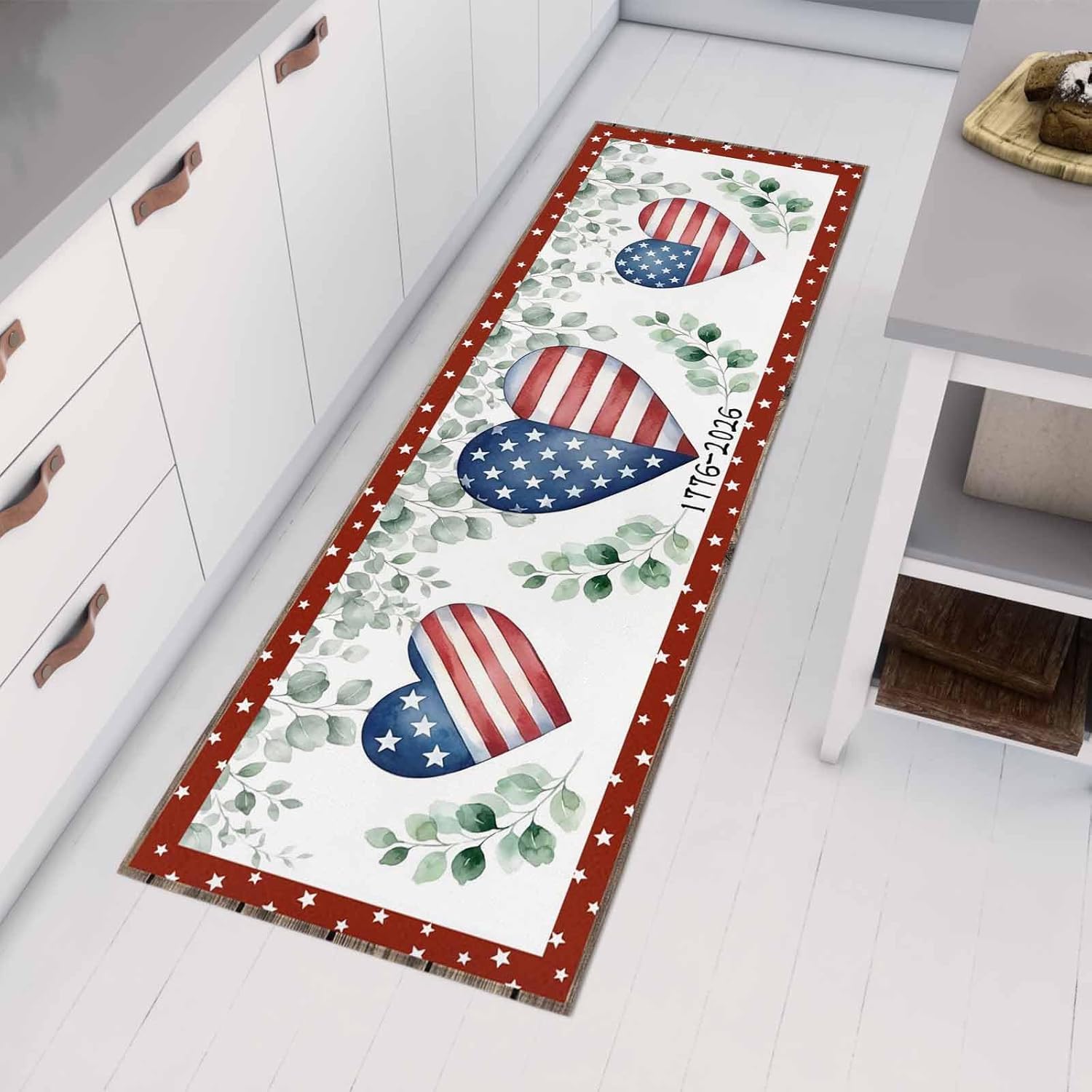 Teamery Kitchen Mats for Floor 1776 2026 America Flag Heart Washable Non Slip Kitchen Rugs 1PCS, Striped Star Love Absorbent Standing Mats for Sink Bathroom Office Living Room 15.7x47.2in