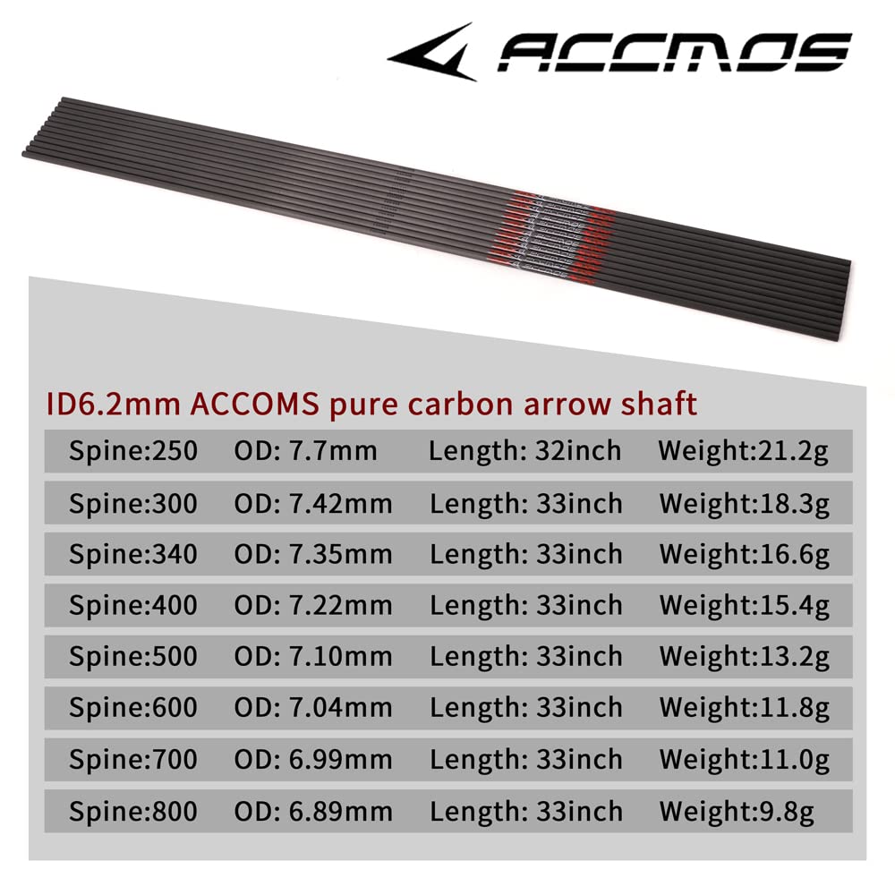 ACCMOS 31 Pollici Tiro con L'Arco Albero della Freccia ID 6,2 mm Albero delle Frecce in Carbonio Spine 600 Caccia o Pratica di Tiro Tubo Dell'asta della Freccia 12 pz (Spine 600, 31inch)