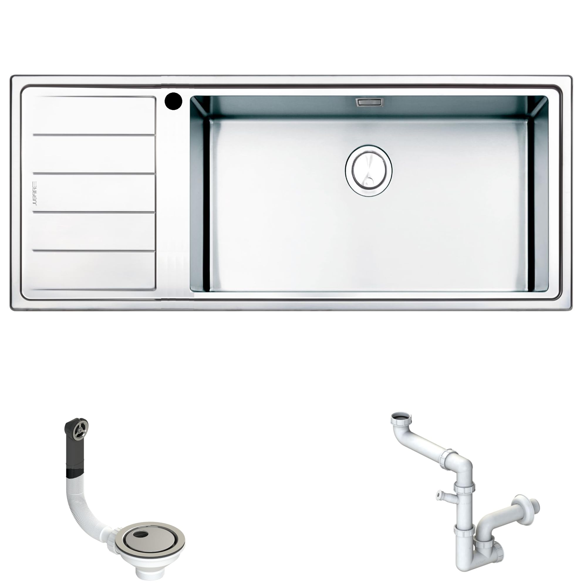 Lavello Cucina da incasso FHULLER Sopratop -Vascha Saldata h.21,5 Acciaio 10/10 Spazzolato 116X50 1 Vasca Destra Maxi e Gocciolatoio Sinistro, Completo Sifone e Piletta, BORDO slim 4 mm, Made in Italy