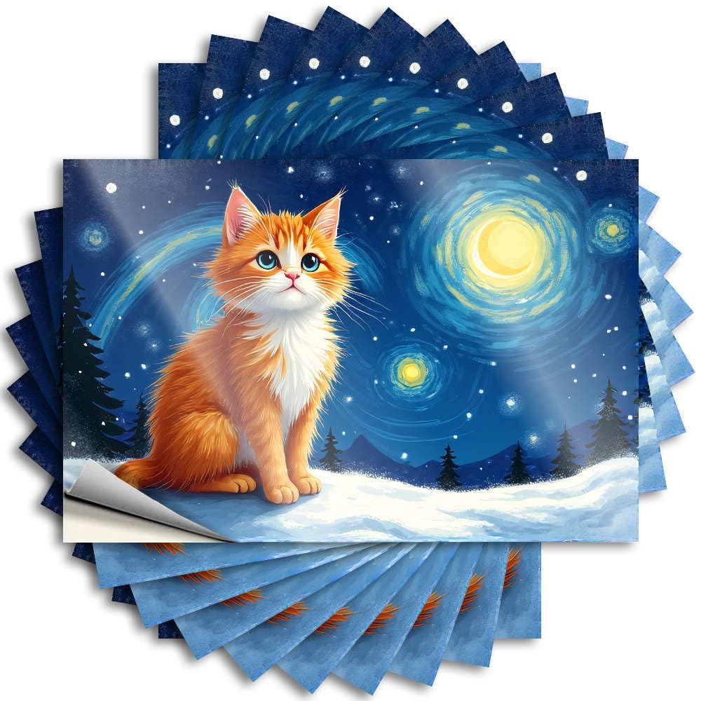 Love, Stickers Friends Bottle A Fluffy Orange Cat Sits On A Snowy Hill Under A Starry Sky with Swirling | High Waterproof Vinyl Stickers(8X12CM)