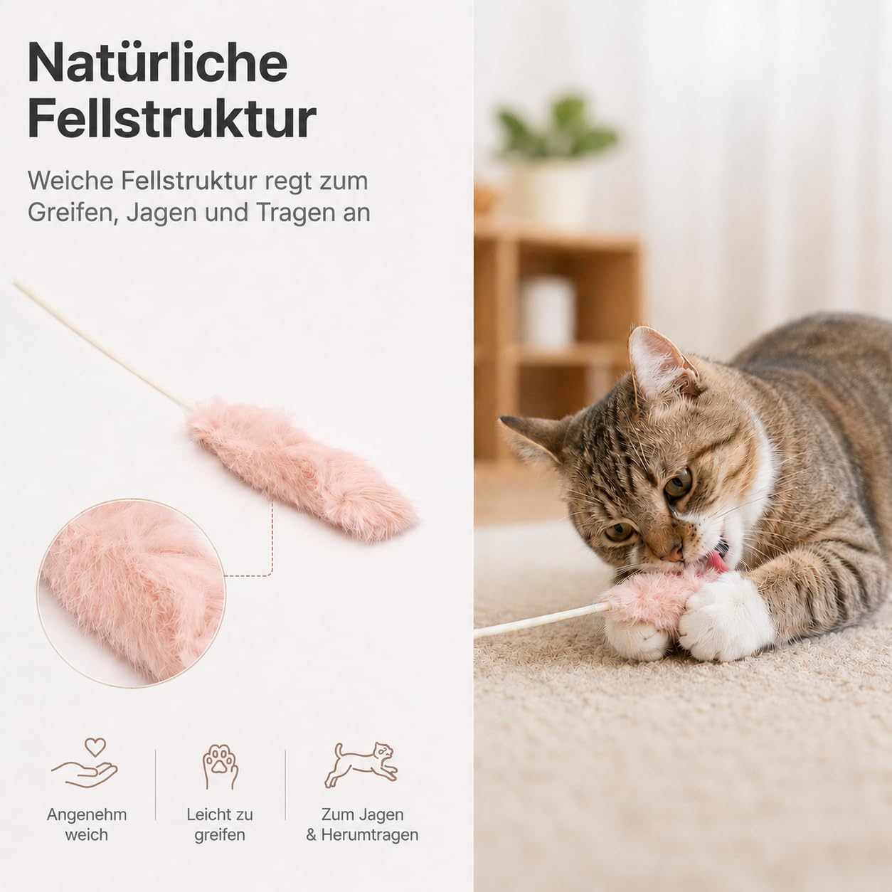 Katzenspielzeug Set – 5X Katzenangel mit echtem Hasenfell – Handgefertigte Spielangel für Katzen – Weiches Federspielzeug für Jagdspaß – Interaktives Spielzeug für Hauskatzen