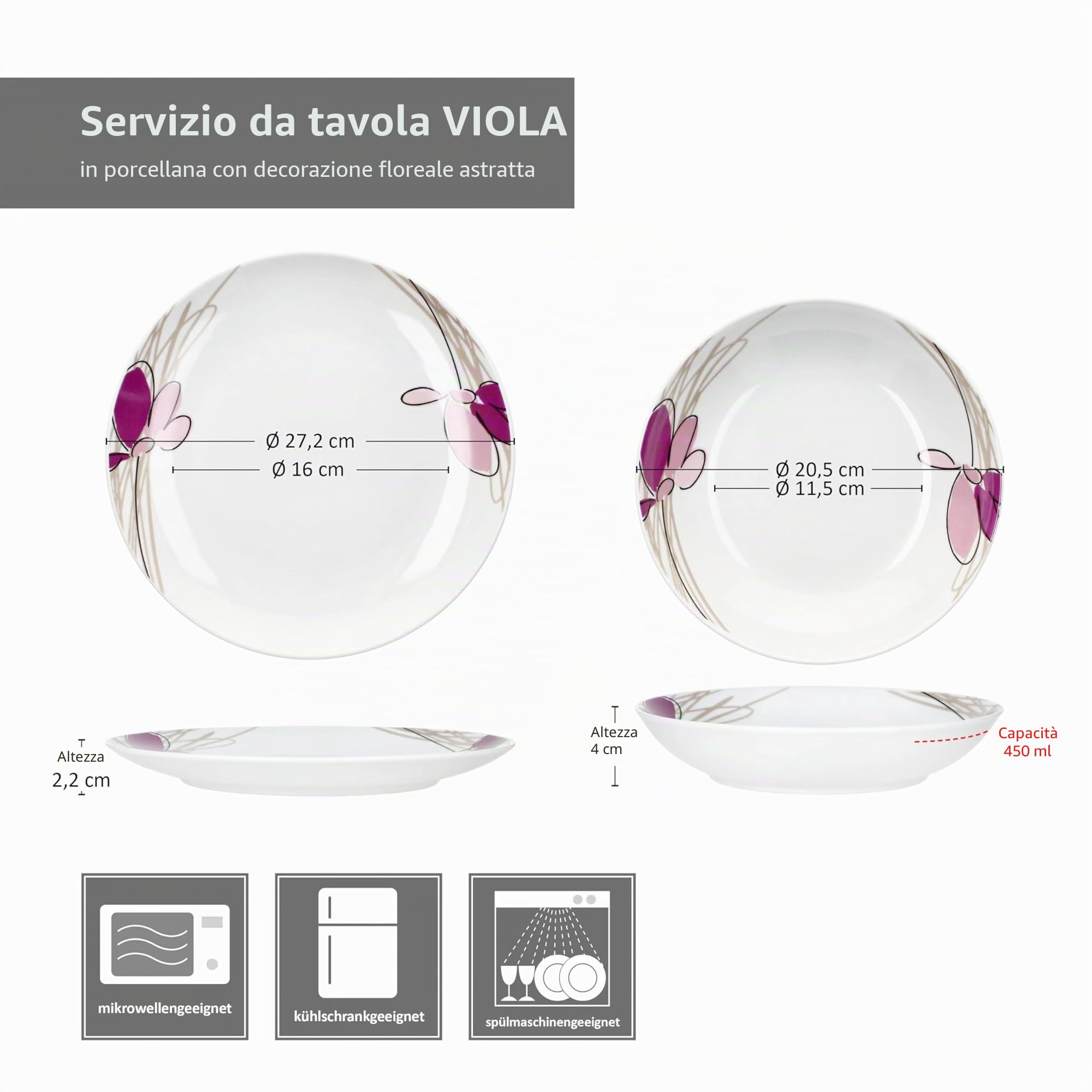 MamboCat Viola Servizio da tavola 12 pezzi, stoviglie in porcellana con decorazione floreale per 6 persone, 6 piatti fondi e 6 piatti piani per colazione, pranzo e pane cena