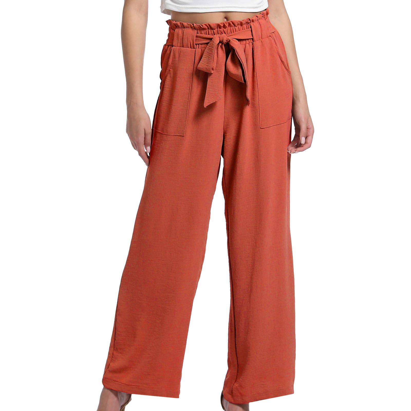 Womens Wide Leg Pants with Pockets High Waist Adjustable Knot Loose Casual Trousers Business Work Casual Pants Solid