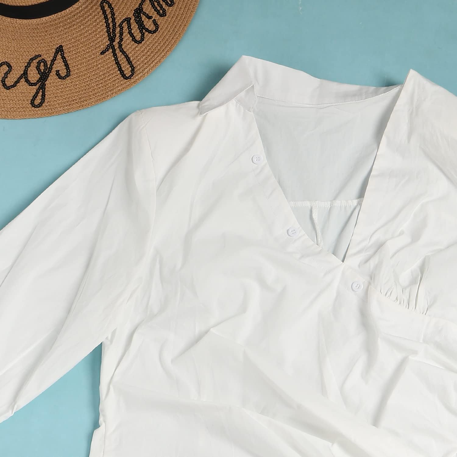 Choichic Women's Deep V Neck Ruched Long Sleeve Side Split High Low Irregular Hem Top Tunic Blouse Long Shirt Dress - Image 6