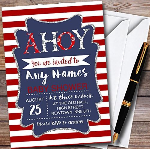 Red Stripe Ahoy Nautical Personalized Baby Shower Invitations