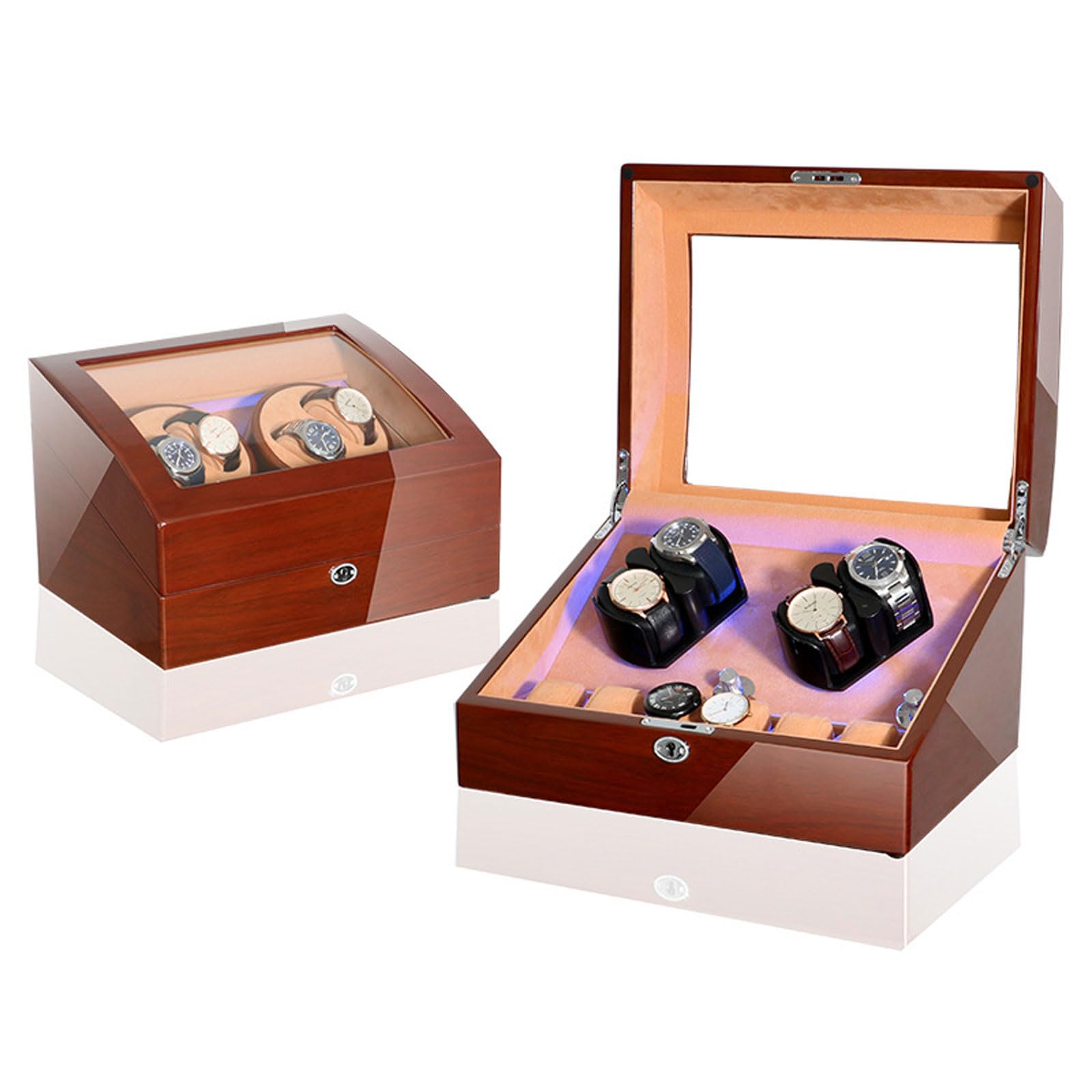 CGCSYZ Watch Winder For Automatic Watches 4 Watch Rotator And 6 Extra Storages,5 Rotating Modes Lockable Automatic Winders LED Backlight,Super Quiet Motor (4+6 Walnut + Brown Velvet X)