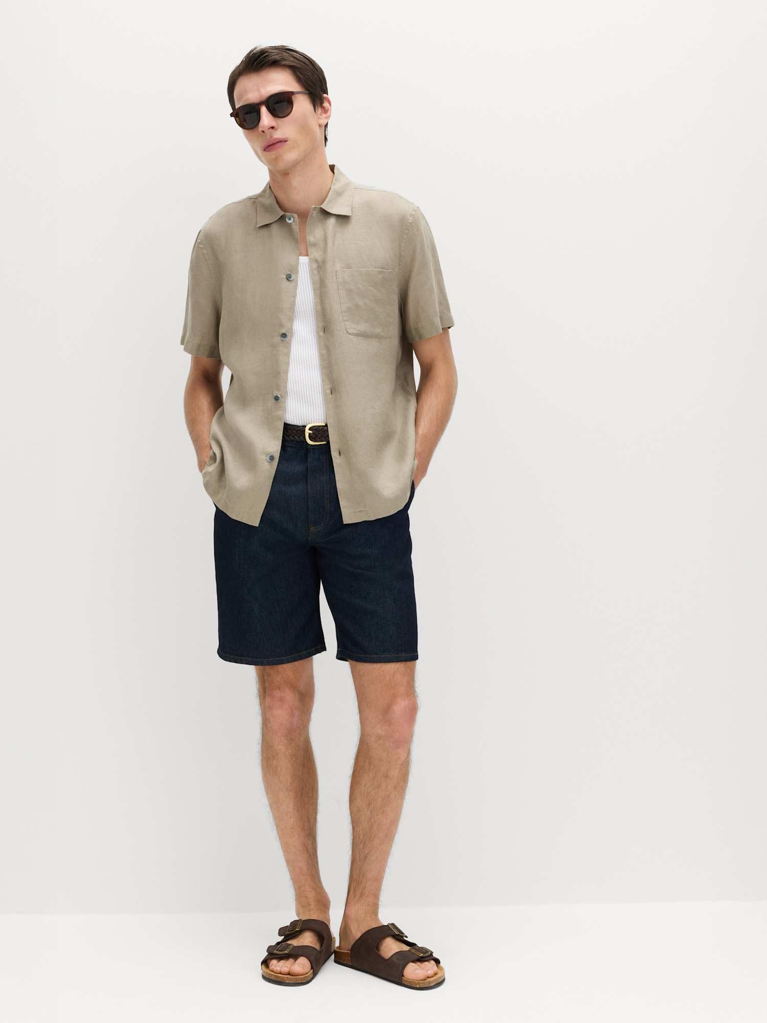Marks & Spencer Camisa de Manga Corta de Lino Puro para Hombre, Ajuste Normal, Cuello Clásico, Transpirable