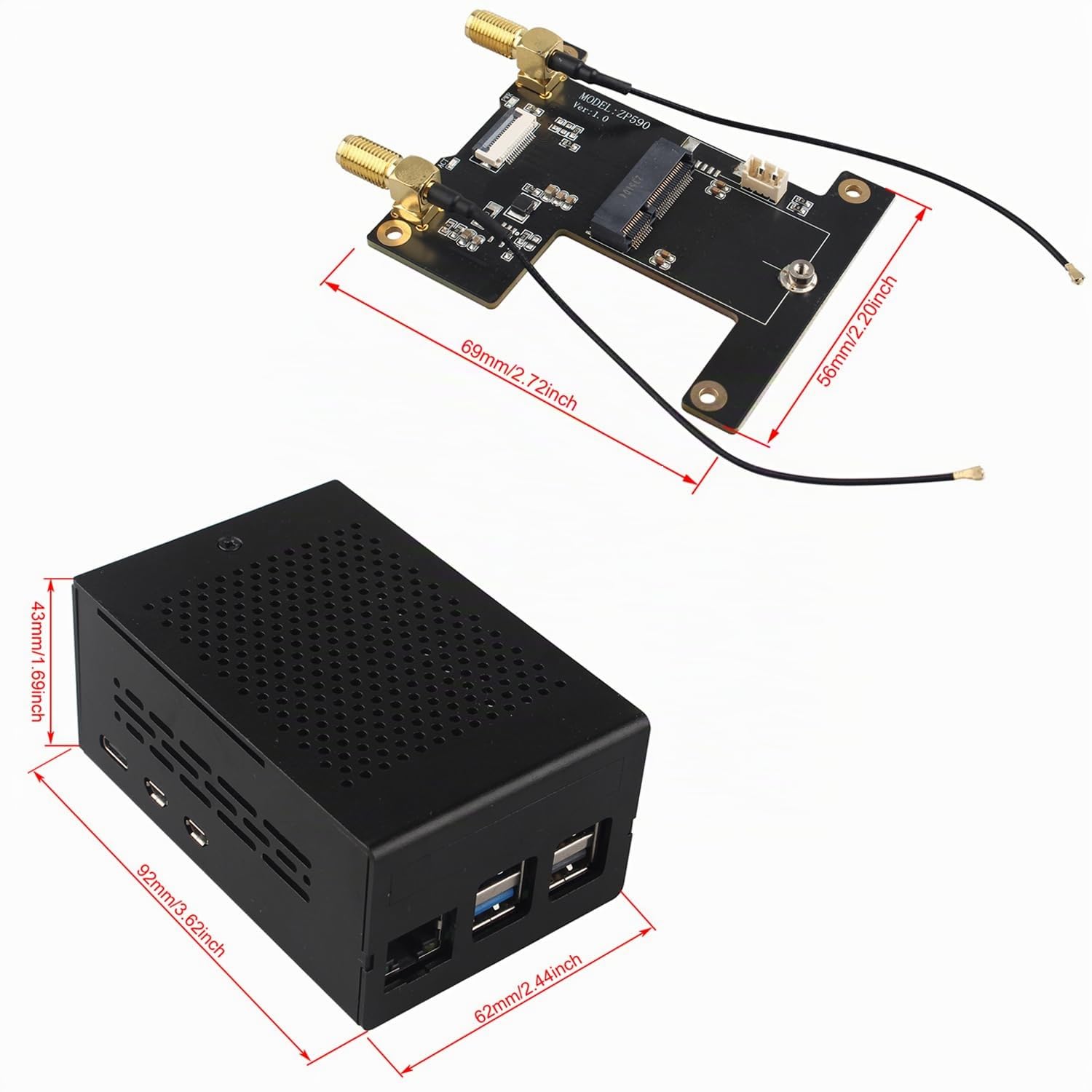 ZDE ZP590A PCIe to WiFi7 6 6E 5 HAT Expansion Board WiFi 7 Adapter with Aluminum Case ZC501 PCIe Peripheral Board for Raspberry Pi 5 2GB 4GB 8GB 16GB