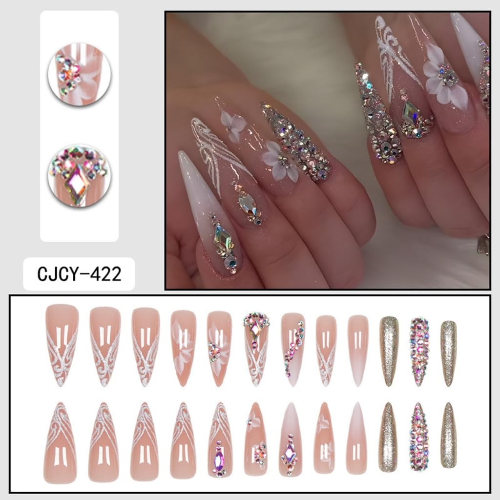 24 Pcs Flowers Stick on Nails Rhinestones Artificial Nails Long False Nails Stilettos for Woman