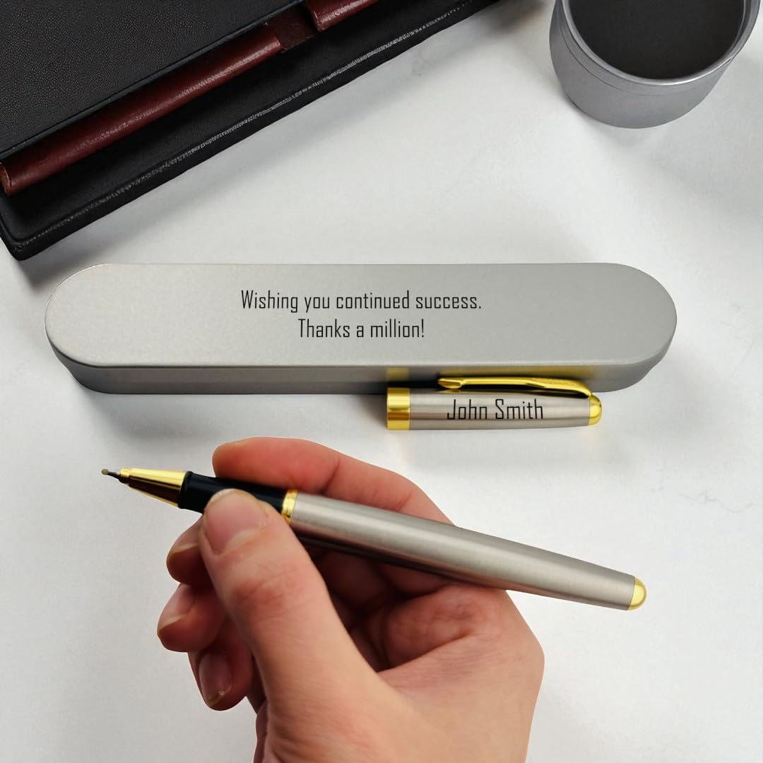 Engraved Pen – Personalized Durable Rollerball Pen – Custom Stainless Steel Desk Essentials in Tin Case – Gift for Promotion, Graduation, Office (Chrome Rollerball Pen)
