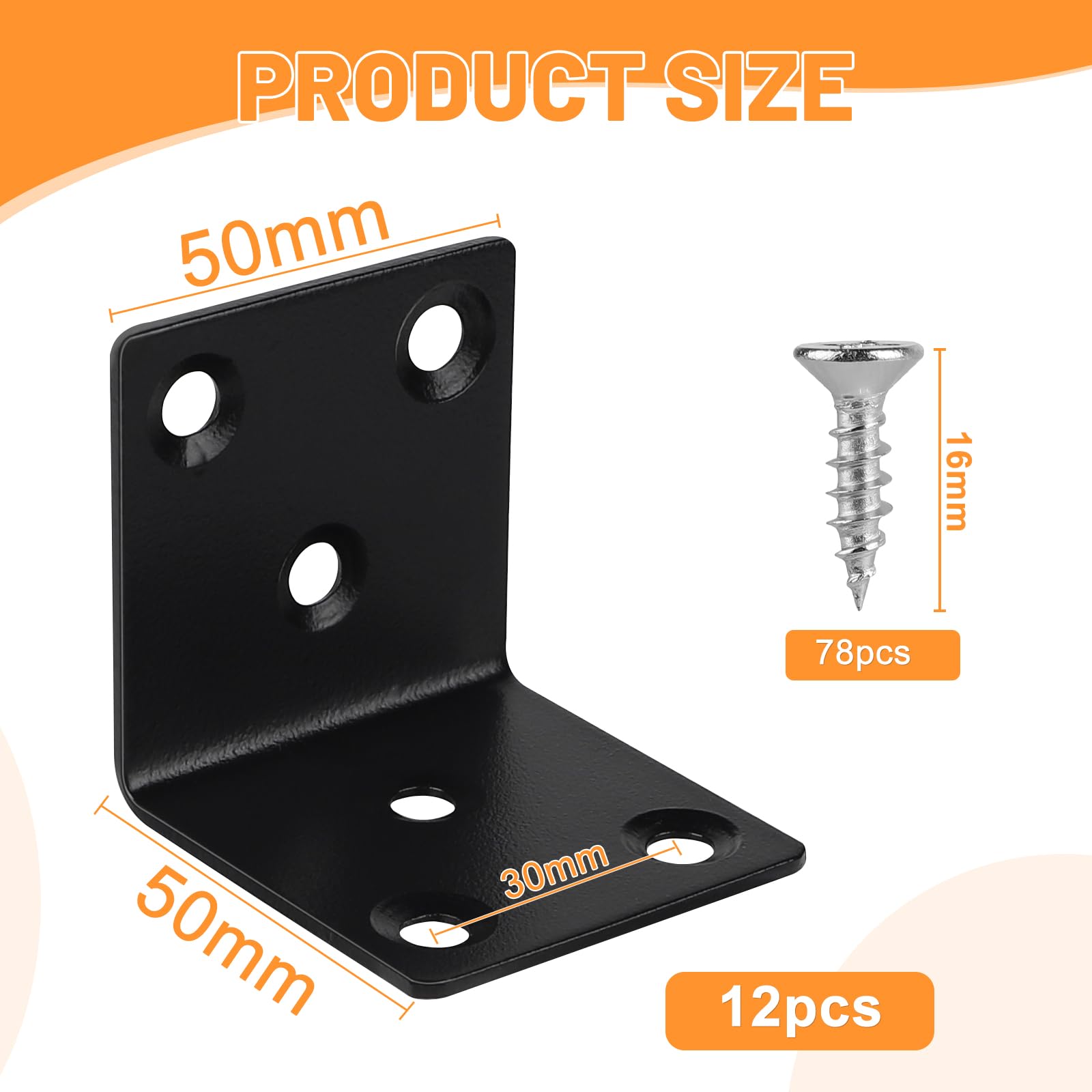 LALAGO Pack of 12 Stainless Steel Angle Connectors, 50 x 50 x 50 mm, Small Mounting Bracket with 78 Screws - Image 2