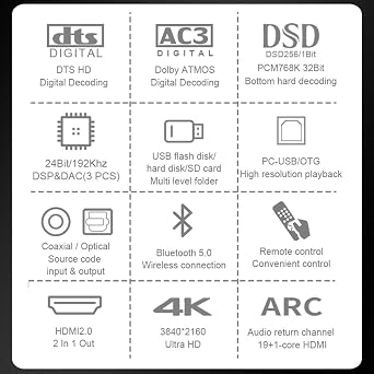 5.1CH Surround Sound Decoder Separator Converter for DTS AC3, 4K 60Hz HDMI 2 in 1 Out, HDCP 2.2 HDR, Digital Analog Audio Video System 192Khz/24Bit, with Bluetooth 5.0 Receiver