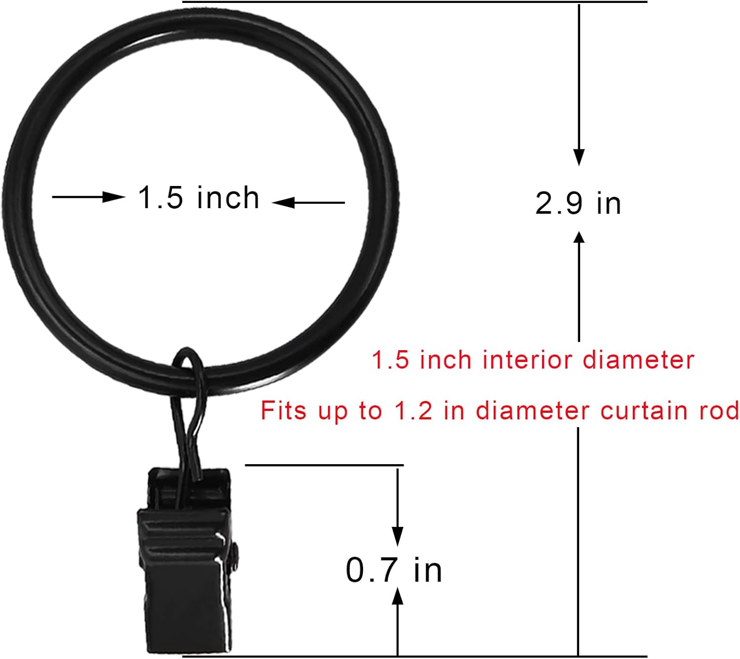 WeeksEight 100 Pack Black Curtain Rings with Clips, Curtain Hooks Hangers Clip Rings for Hanging Drapes Bows Hat, Drapery Rings 1.5 in I D, Fits up to 1.2 in Diameter Curtain Rod.