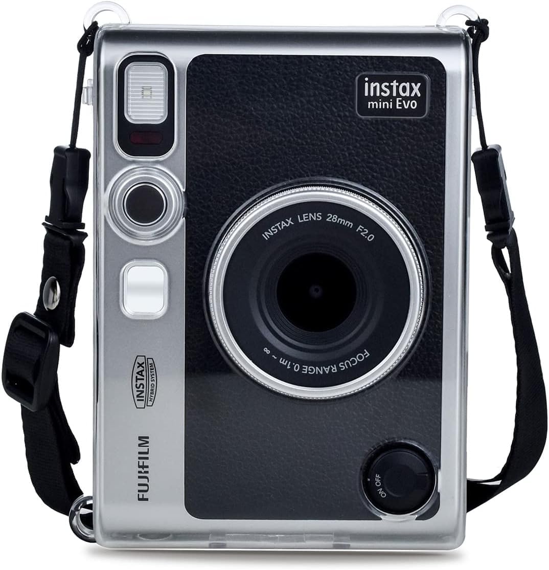 Fuji Mini EVO Protective Camera Case - Hard PC Crystal Clear Case Compatible for Fujifilm Instax Mini EVO Instant Camera with Adjustable Shoulder Strap - Transparent
