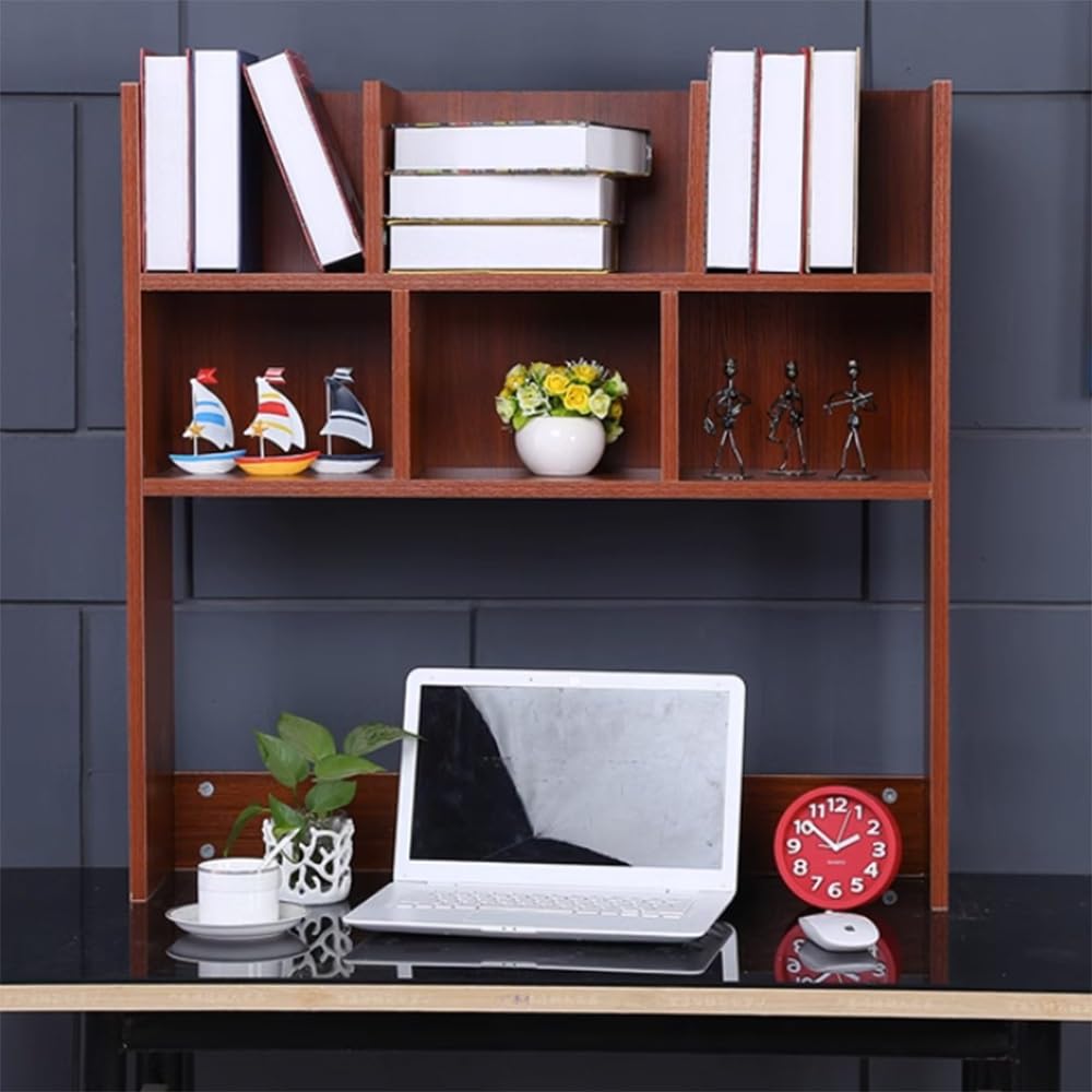 CWCQGH Light Walnut Desktop Bookshelf Organizer, 28in Countertop Storage Rack with 6 Shelves, Bookcase Display Shelf for Home & Office, 24in 32in 36in Options Available,Teak-70cm/28in