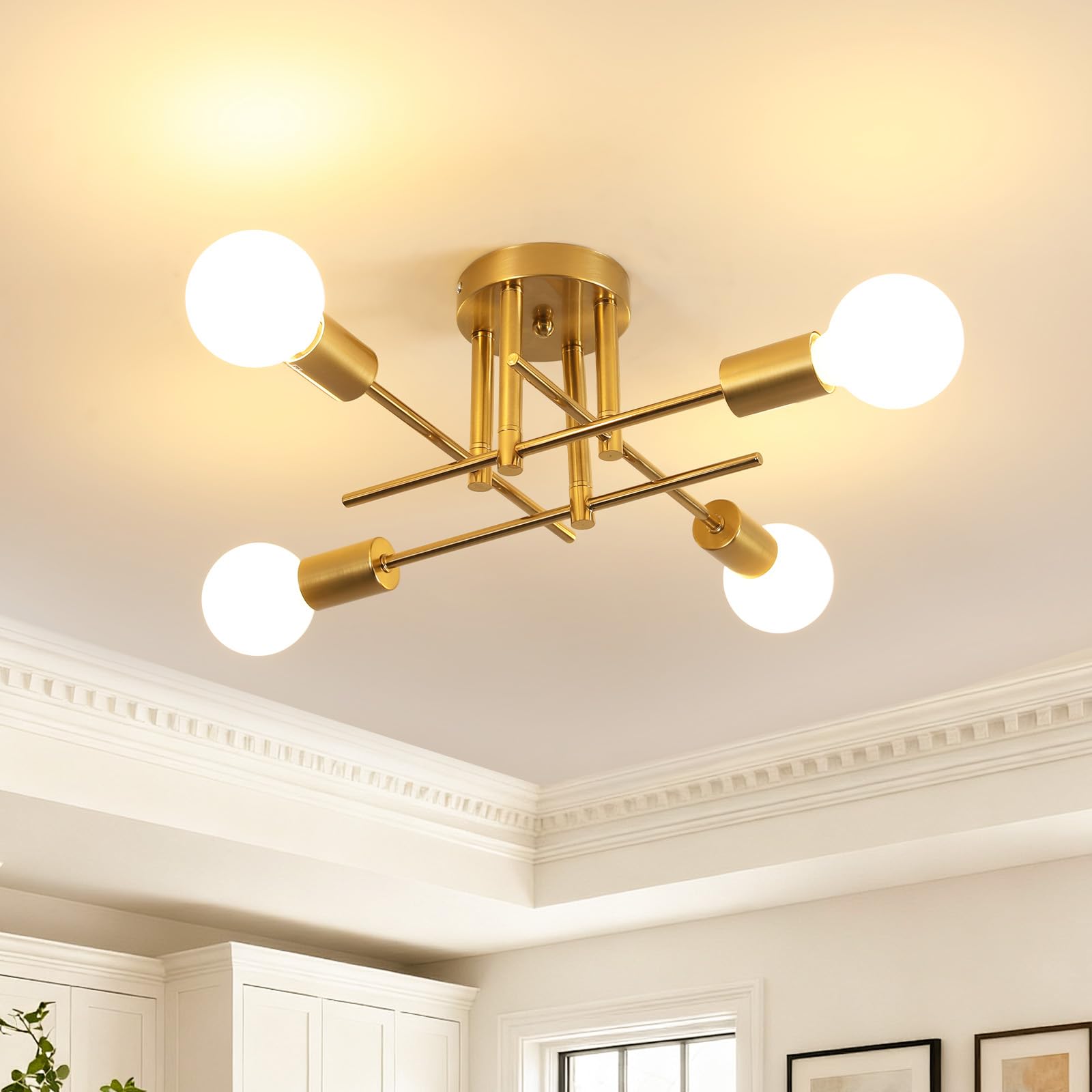 Goeco Gold Ceiling Light Chandelier Vintage, Metal Ceiling Light E27 Lamp Socket 4 Bulbs, Industrial Pendant Light for Bedroom, Living Room, Dining Room, Kitchen, 43 cm