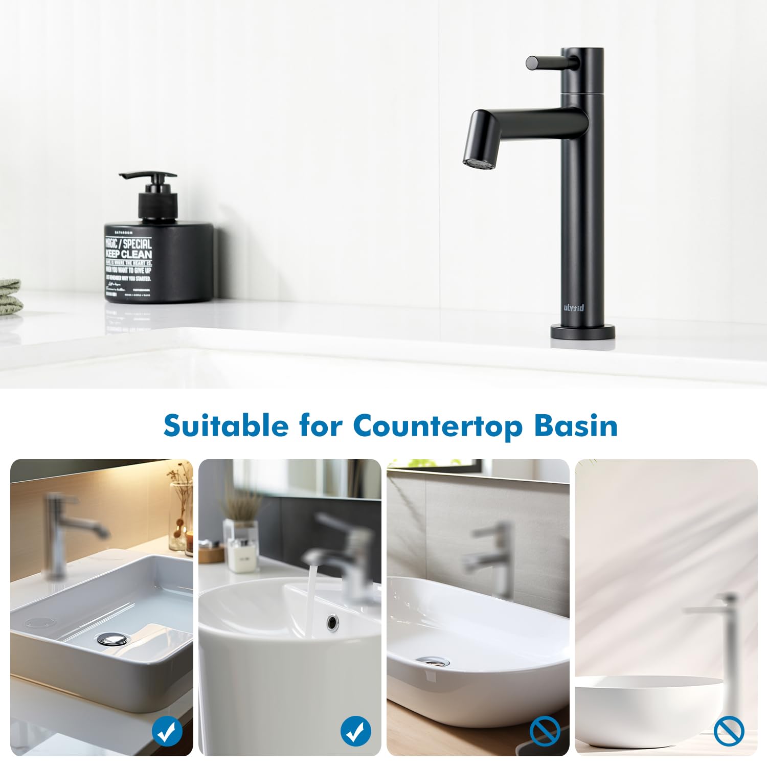 Robinet Eau Froide Uniquement Noir, Robinet Lave Main Salle Bain avec Mousseur Amovible, Acier Inoxydable avec Hauteur sous Bec 113 mm pour WC Invités