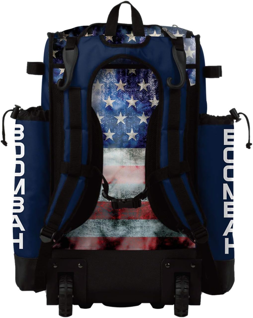 Boombah Superpack Hybrid Rolling Bat Bag: USA Old Glory Navy, Red & White. Baseball Softball Bag with Wheels Holds 4 Bats, Ventilated Shoe Compartment, Telescopic Handle, Rolling & Backpack Version