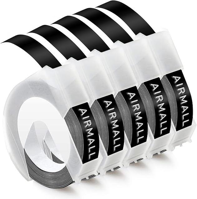 Airmall Compatible Dymo Omega Label Tape for Dymo Embossing Tape Black 9mm, 3D Vinyl Self-Adhesive Dymo Labels for DYMO Omega Junior S0717930 S0717900 Motex Embossing Label Makers, 5-Pack