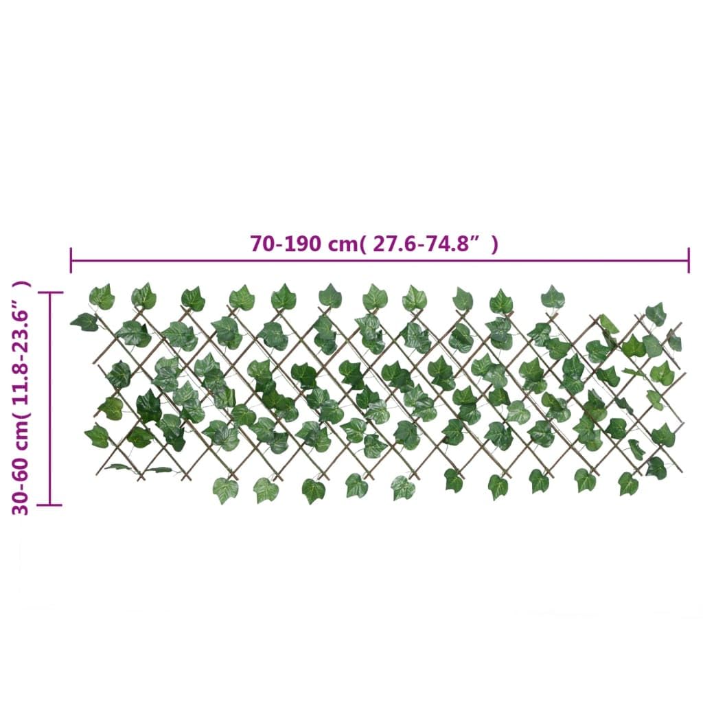 Treillis de Feuille de Vigne Artificiel Extensible 190x60 cm, Haie de Jardin Bois et PVC pour Brise-vue et Décoration Murale, Clôture Extérieure avec 130 Feuilles Vertes