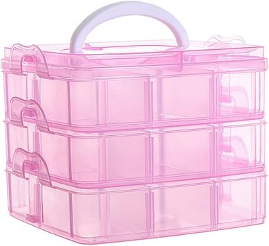 3-Tiers Storage Box Transparent Stackable Storage Bin with Handle Storage Container for School & Office Supplies,Pink