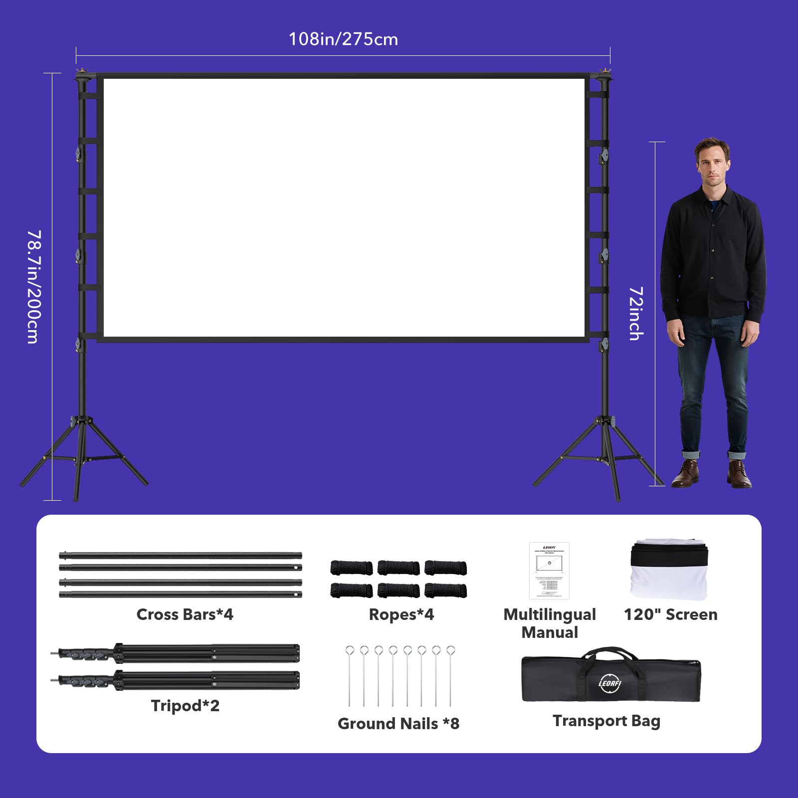 Pantalla Proyector Portátil 120 Pulgadas con tripode - Pantalla de Proyección Soporte 16:9 4K Full HD Pantalla de Cine Interior Altura Ajustable para Cine casa Camping Eventos Recreativos