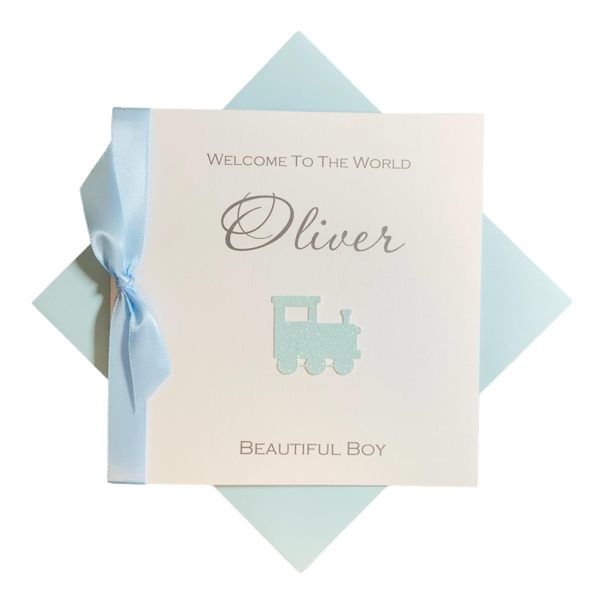 New Baby Congratulations Card - Personalised Handmade Luxury Card Gift Baby Shower Welcome Birth Expecting Mummy Daddy Parents Friends - Choose Boy or Girl (Blue Glitter Train)