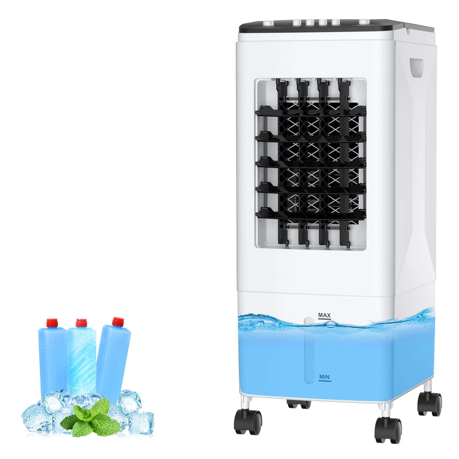 Climatiseur Mobile 3-en-1 Rafraîchisseur d’Air, Réservoir 6L, 3 Blocs Réfrigérants, 60W Économie d’Énergie, 35dB Silencieux, Oscillation 60°, 3 Vitesses, Humidificateur, Ventilateur, Maison, Bureau
