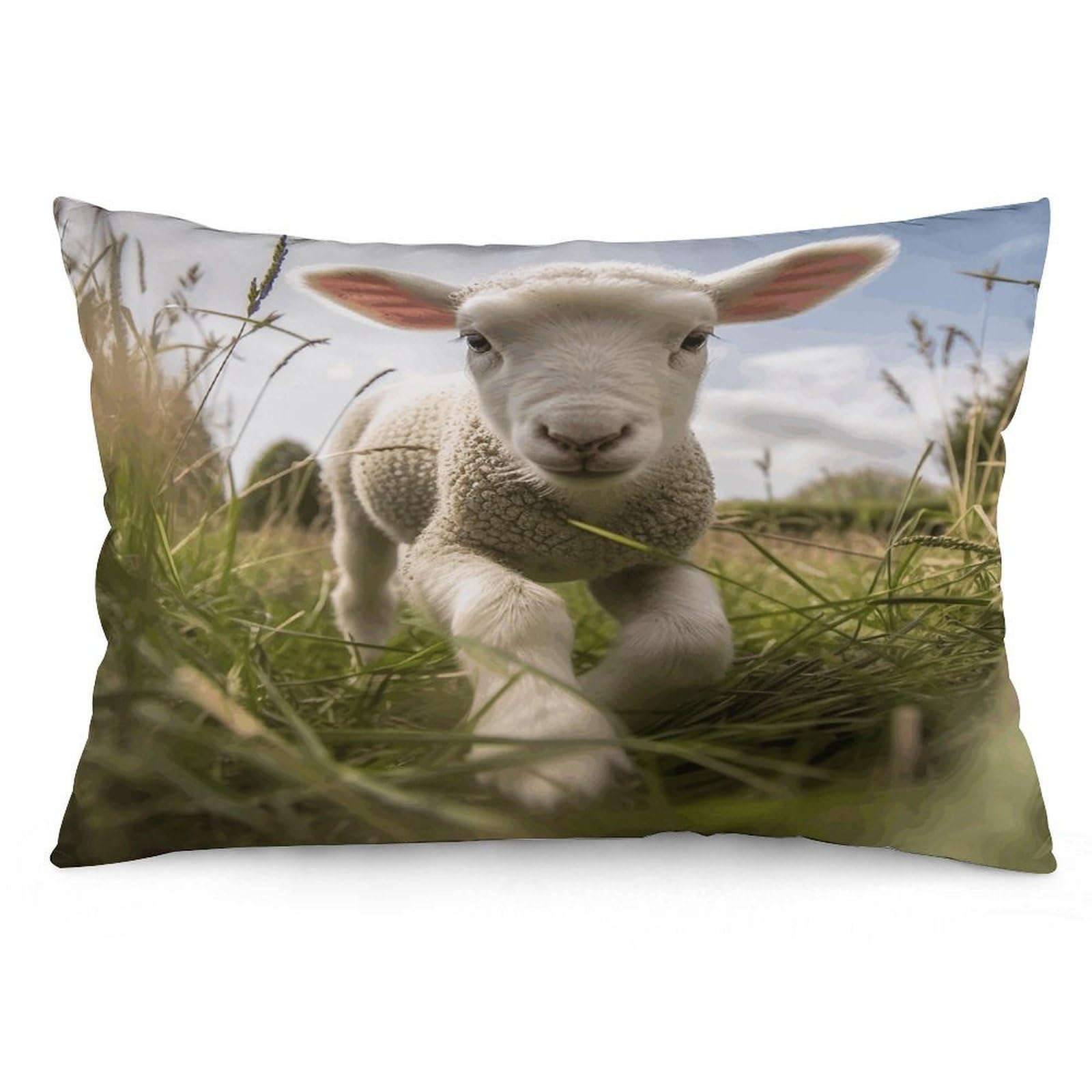 Wsoihfec Style Sheep Running On Grass Throw Pillow Covers Decorative, Pillow Cases Soft Plush, Modern Farmhouse Boho Cushion Cover For Bed Couch Sofa Living Room Spring Decor12 X20
