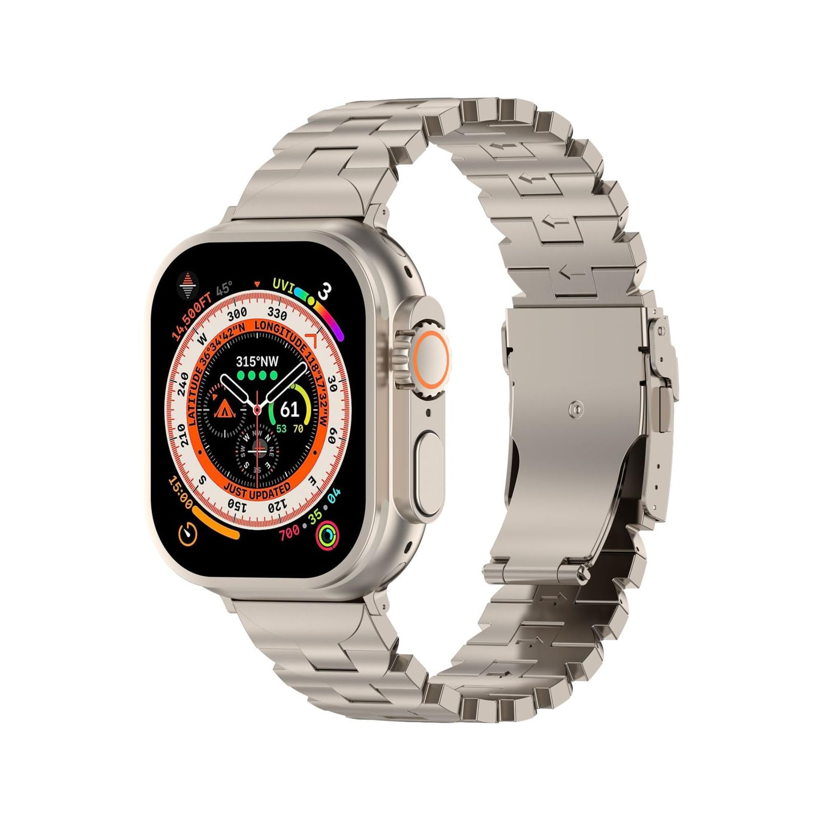 Pasek kompatybilny z Apple Watch 49 mm, 45 mm, 44 mm, 42 mm, 41 mm, 40 mm, 38 mm, ulepszona składana klamra, tytanowy metalowy pasek do iWatch SE serii 9, 8, 7, 6, 5, 4, 3, 2, 1, Ultra 1, 2