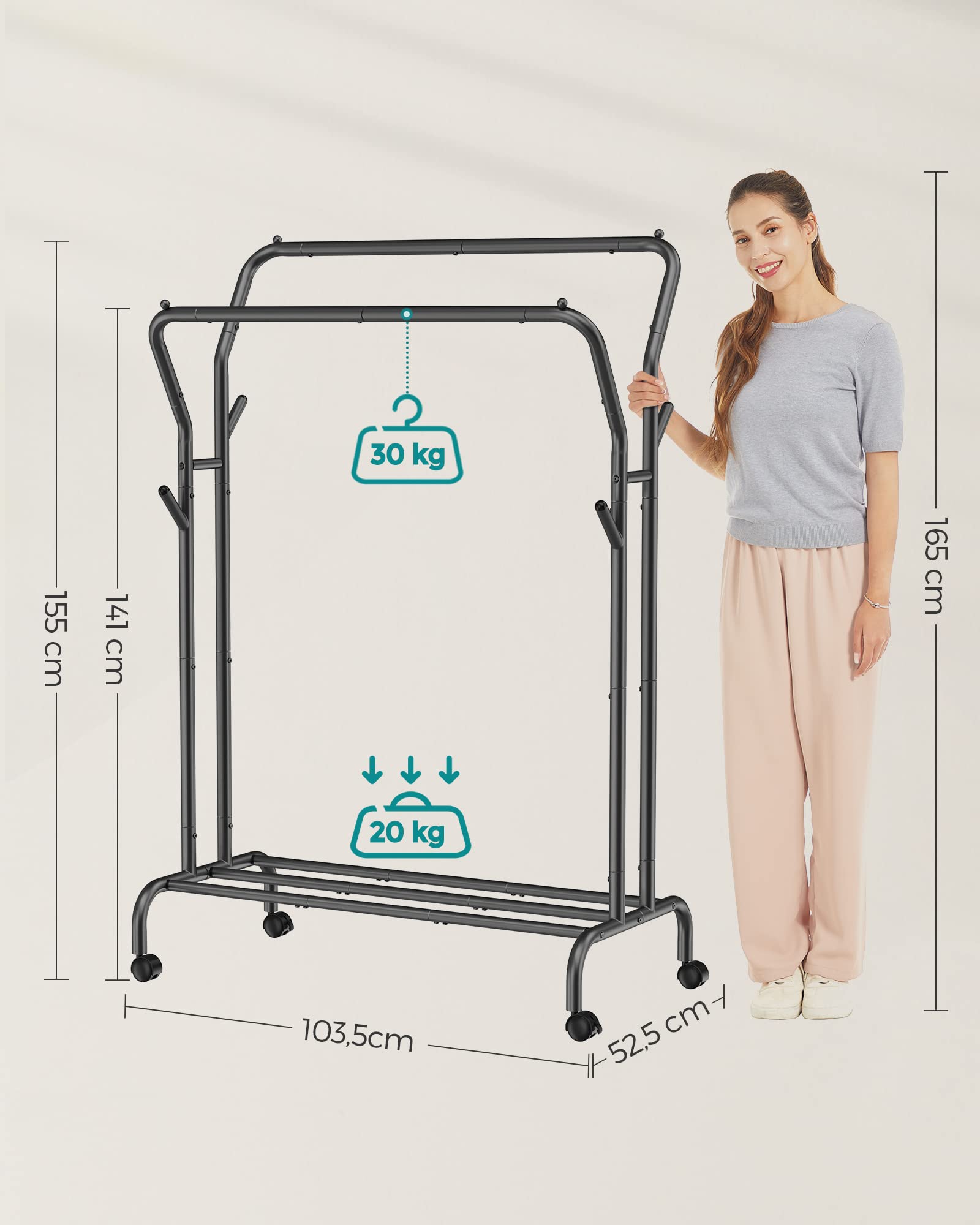 SONGMICS Portant à Vêtements avec roulettes, Double Barre, Porte-Manteau, en Acier, Charge 100 kg, Largeur de 103,5 cm, Rangement Polyvalent, Noir HSR107B01