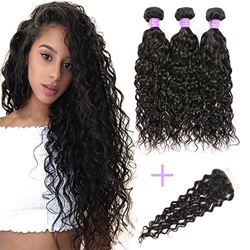 Luduna Water Wave Bundles with Closure Brazilian Water Wave Hair 3 Bundles with Lace Closure Free part 8a Unprocessed Human Hair Extensions (16 18 20+14, Natural Color)
