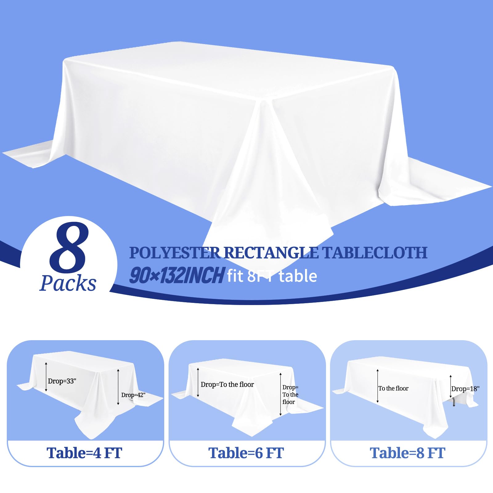 Pesonlook 8 Packs White Polyester Tablecloths 90 x 132 Inch for 8ft Rectangle Tables Washable Rectangular Polyester Tablecloth White Table Cover for Wedding,Banquet,Event,Party - Image 3