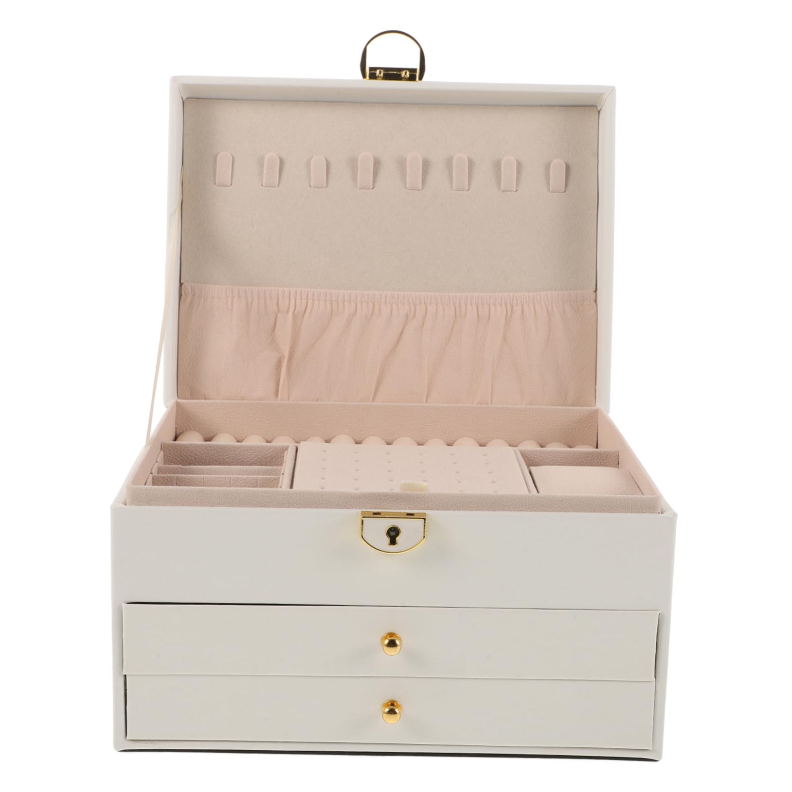Boîte à Bijoux 3 Niveaux en Similicuir Blanc avec Verrou, Grand Coffret