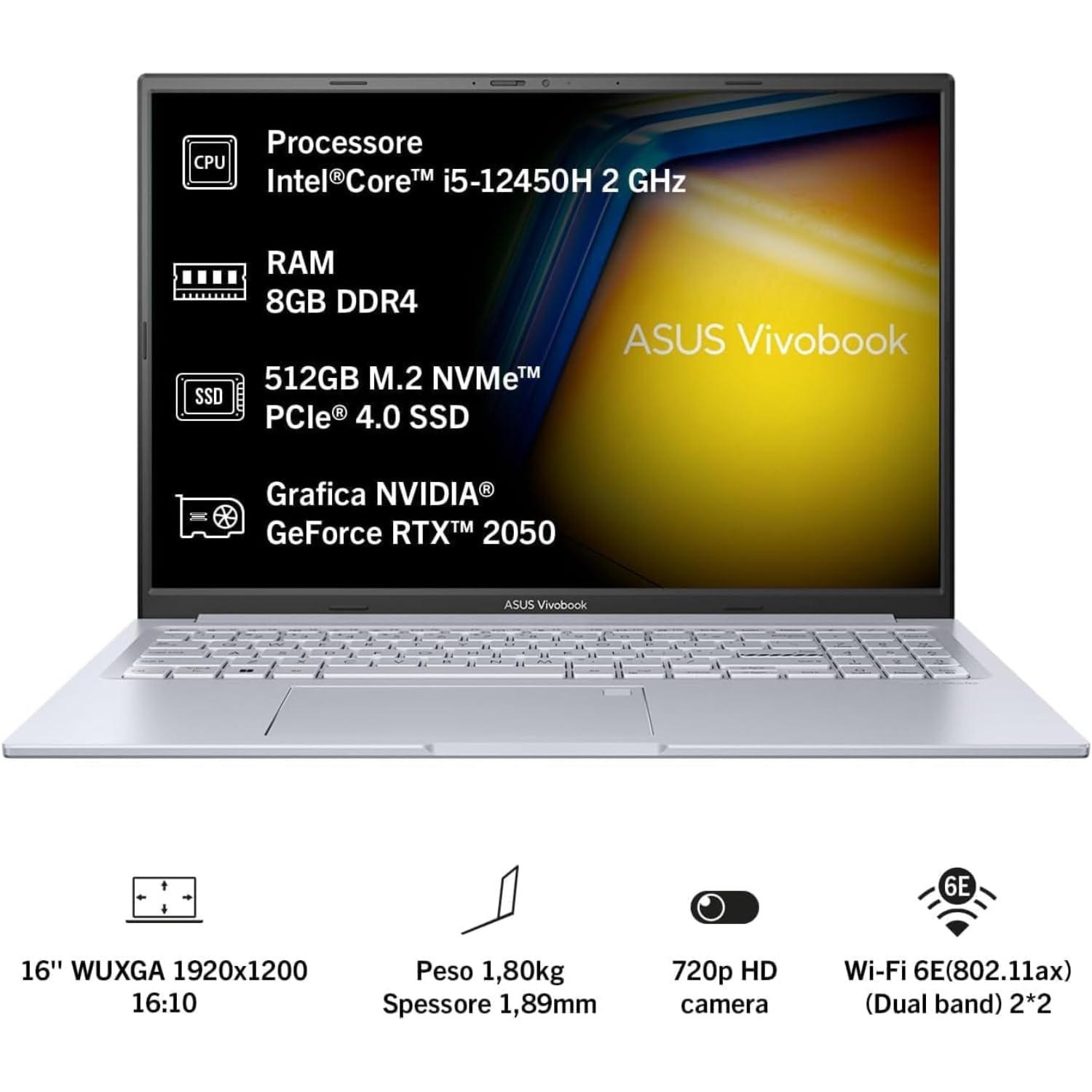 ASUS Vivobook 16X K3605ZF#B0C9QCRQJM, Notebook in alluminio, Monitor WUXGA 16" Anti-Glare, Intel Core 12ma gen i5-12450H, RAM 8GB, 512GB SSD PCIE, NVIDIA GeForce RTX 2050 4GB, Windows 11 Home, Argento