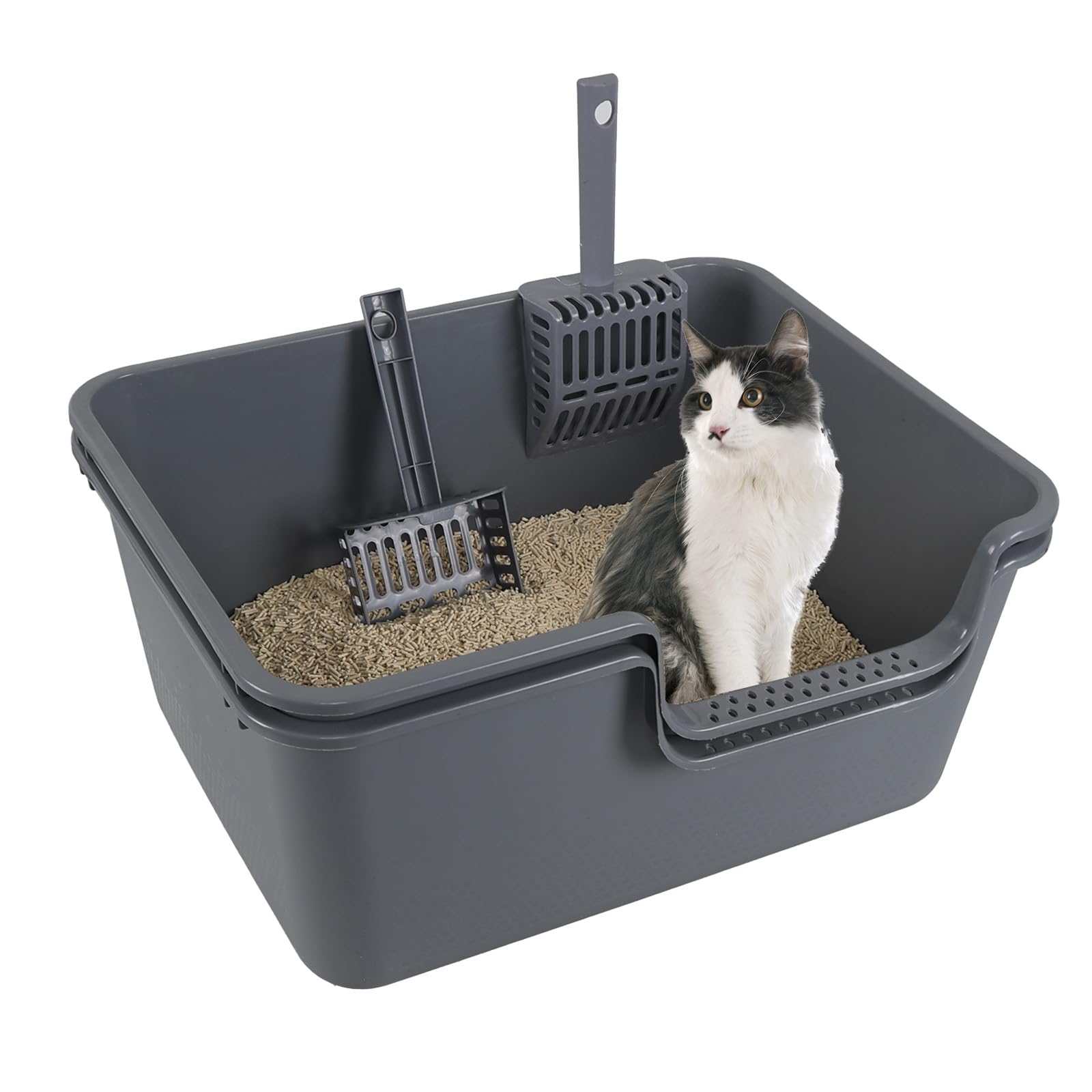Aninhao 2 Pack High Side Plastic Litter Box with Cleaning Scoop, Grey Cat Litter Basin