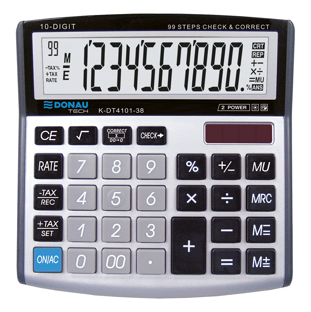 DONAU TECH/K-DT4101-38 Desktop Calculator 10-Digit Root Function 136 x 134 x 28 mm Silver/Calculator with 10-Digit Display/Dual-Power Solar - Battery Operated/Compact Design