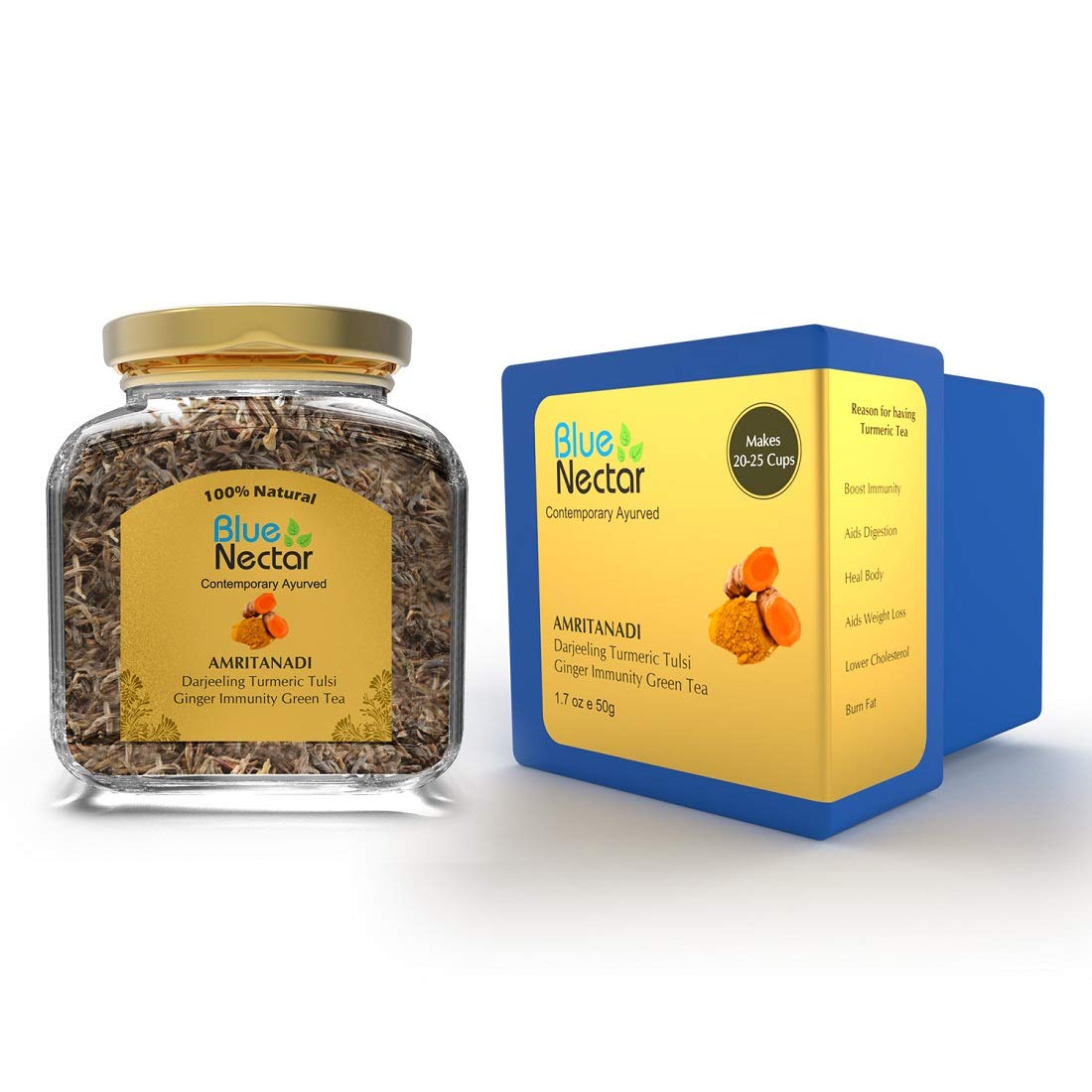 Blue Nectar Turmeric Green Tea Loose Leaves for Immunity Booster | Free Tea Infuser | 100% Natural, Handpicked from Assam, Packed in Glass Jar (65g)