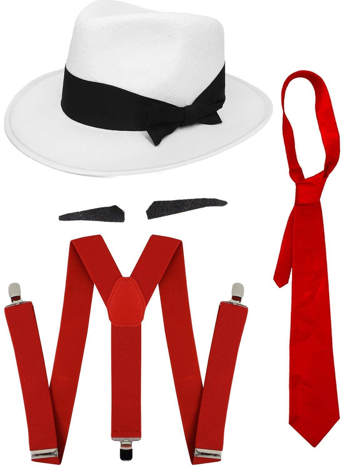 Gangster Fancy Dress Accessory Set Spiv Tash + Red Tie + Matching Braces + White Trilby Hat 1920's Mob Gangster Men Al Capone (Red Accessories - 60 Cm Hat)