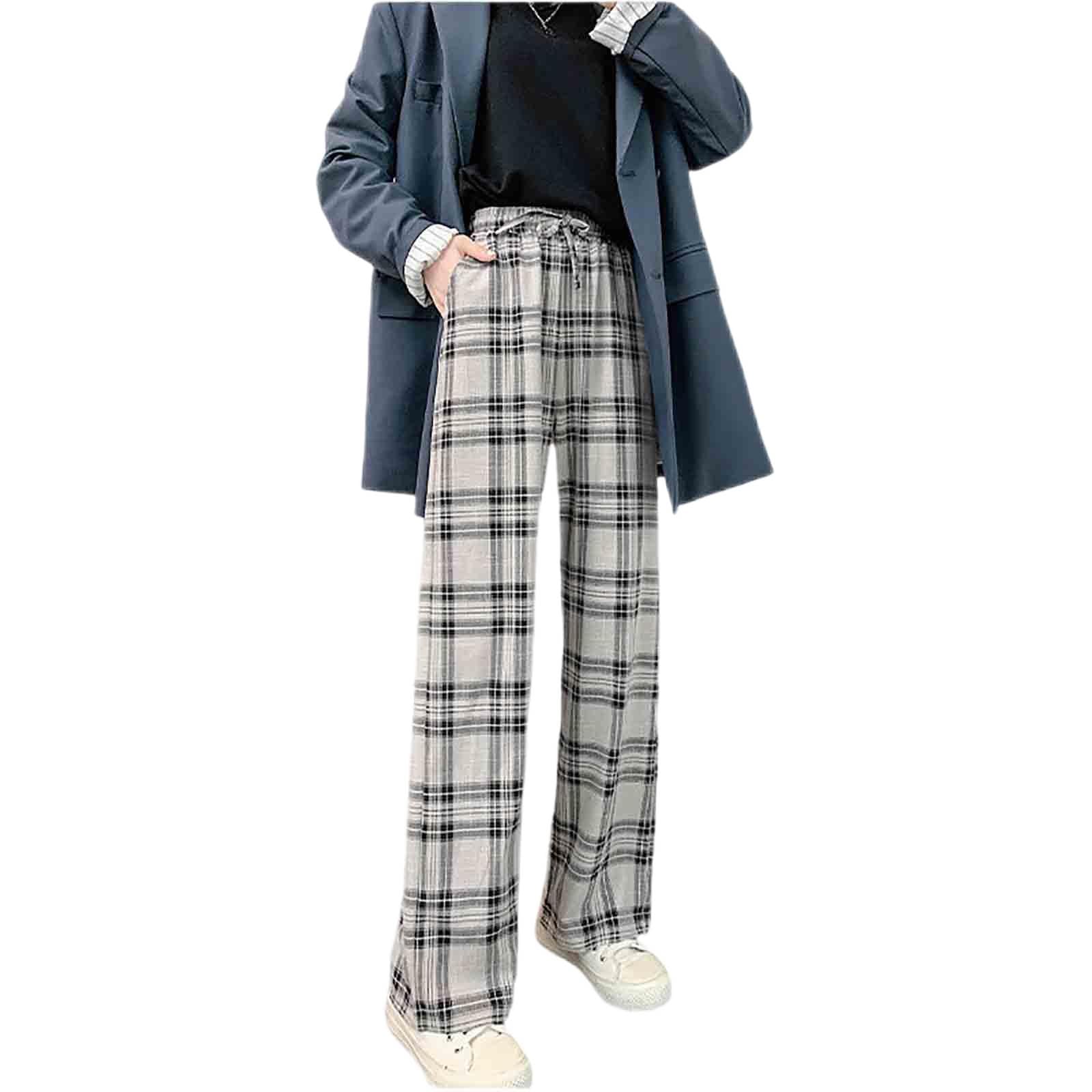 Womens Casual Straight Plaid Pants with high Waisted Plaid Wide Leg Pants Grayish Grid M