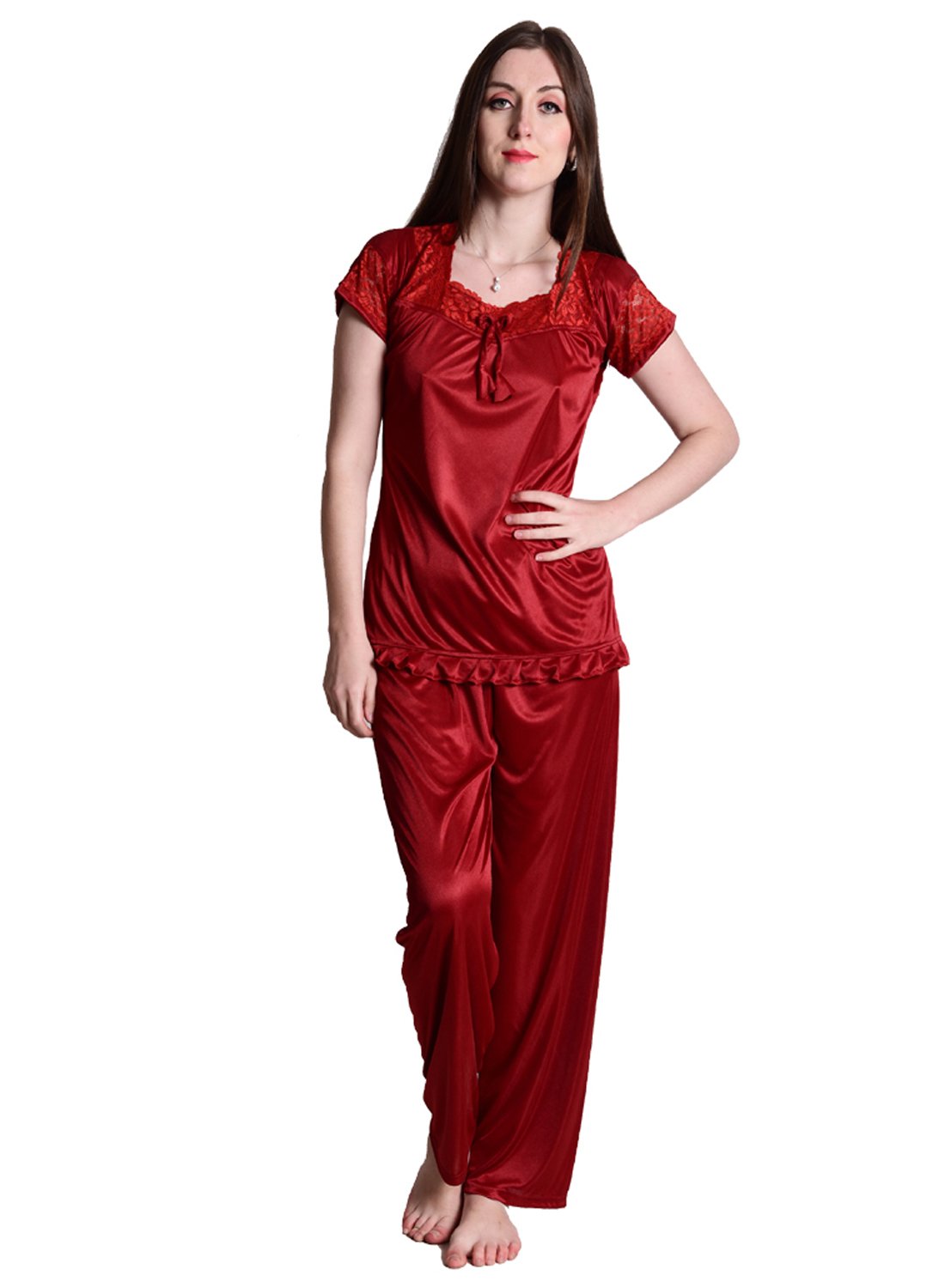 NightdollWomen's Satin Plain/Solid Night Suit/Top and Pyjama Set (Maroon)